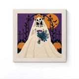Punch Needle Halloween Mariée Squelette : tableau brodé terminé sur son cadre