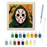 Contenu du kit punch needle masque à capuche : toile sur cadre, aiguilles et fils de laine
