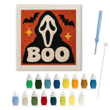Contenu du kit punch needle masque hurlant : toile sur cadre, aiguilles et fils de laine