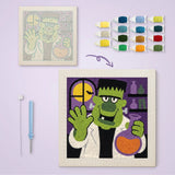 Toile imprimée numérotée et tableau punch needle monstre vert une fois terminé