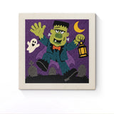 Punch Needle Halloween Monstre Lanterne : tableau brodé terminé sur son cadre