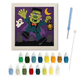 Contenu du kit punch needle Halloween monstre : toile sur cadre, aiguilles et fils de laine