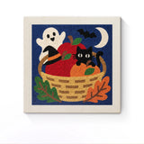 Punch Needle Halloween Panier au Chat : tableau brodé terminé sur son cadre