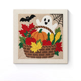 Punch Needle Halloween Panier Fantôme : tableau brodé terminé sur son cadre