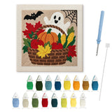 Contenu du kit punch needle panier Halloween : toile sur cadre, aiguilles et fils de laine