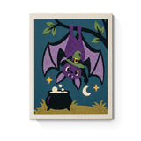 Punch Needle Halloween Pipistrelle Lune : tableau brodé terminé sur son cadre