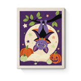 Punch Needle Halloween Pipistrelle Mage : tableau brodé terminé sur son cadre