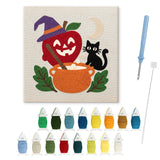 Contenu du kit punch needle chaudron Halloween : toile sur cadre, aiguilles et fils de laine