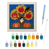 Contenu du kit punch needle pommier hanté : toile sur cadre, aiguilles et fils de laine