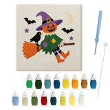 Contenu du kit punch needle balai Halloween : toile sur cadre, aiguilles et fils de laine