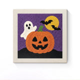 Punch Needle Halloween Potiron Hanté : tableau brodé terminé sur son cadre