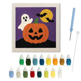 Contenu du kit punch needle Halloween : toile sur cadre, aiguilles et laines colorées