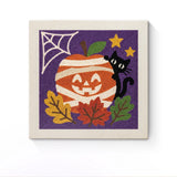 Punch Needle Halloween Potiron Momifié : tableau brodé terminé sur son cadre