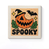Punch Needle Halloween Potiron Ricanant : tableau brodé terminé sur son cadre