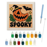 Contenu du kit punch needle Halloween : toile sur cadre, aiguilles et fils de laine