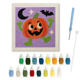 Contenu du kit punch needle Halloween : toile sur cadre, aiguilles et fils de laine