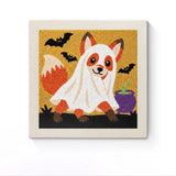 Punch Needle Halloween Renard Fantôme : tableau brodé terminé sur son cadre