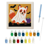 Contenu du kit punch needle renard Halloween : toile sur cadre, aiguilles et fils de laine
