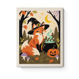 Punch Needle Halloween Renard Sorcier : tableau brodé terminé sur son cadre