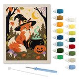 Contenu du kit punch needle renard sorcier : toile sur cadre, aiguilles et fils de laine