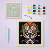 Toile imprimée numérotée et tableau punch needle roses squelette terminé