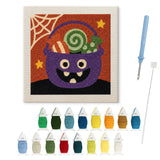 Contenu du kit punch needle Halloween : toile sur cadre, aiguilles et fils de laine
