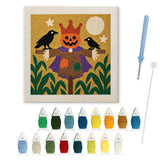 Contenu du kit punch needle sire épouvantail : toile sur cadre, aiguilles et fils de laine