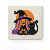 Punch Needle Halloween Sorcière Assise : tableau brodé terminé sur son cadre
