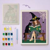 Toile imprimée numérotée et tableau punch needle sorcière et chat noir terminé