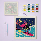 Toile imprimée numérotée et tableau punch needle sorcière au surf une fois brodé