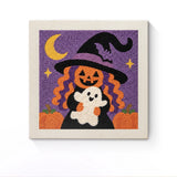 Punch Needle Halloween Sorcière Doudou : tableau brodé terminé sur son cadre