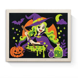 Punch Needle Halloween Sorcière Fioles : tableau brodé terminé sur son cadre