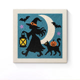 Punch Needle Halloween Sorcière Lampion : tableau brodé terminé sur son cadre