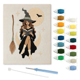 Contenu du kit punch needle sorcière lunaire : toile sur cadre, aiguilles et fils de laine