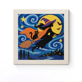 Punch Needle Halloween Sorcière Lune : tableau brodé terminé sur son cadre
