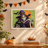 Tableau punch needle sorcière squelette au chaudron accroché au mur dans une déco d'Halloween