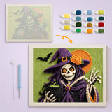 Toile imprimée numérotée et tableau punch needle sorcière macabre terminé