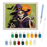 Contenu du kit punch needle sorcière macabre : toile sur cadre, aiguilles et fils de laine