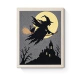 Punch Needle Halloween Sorcière Manoir : tableau brodé terminé sur son cadre