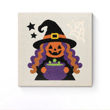 Punch Needle Halloween Sorcière Marmite : tableau brodé terminé sur son cadre