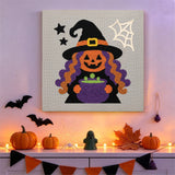 Tableau punch needle sorcière potion au mur d'une pièce décorée pour Halloween