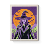 Punch Needle Halloween Sorcière Néon : tableau brodé terminé sur son cadre