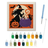 Contenu du kit punch needle Halloween : toile sur cadre, aiguilles et fils de laine