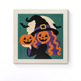 Punch Needle Halloween Sorcière Potiron : tableau brodé terminé sur son cadre