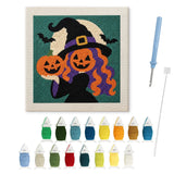 Contenu du kit punch needle Halloween : toile sur cadre, aiguilles et fils de laine colorés