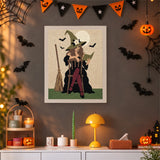 Tableau punch needle sorcière rétro accroché au mur dans une déco d'Halloween