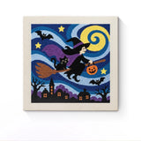 Punch Needle Halloween Sorcière Rieuse : tableau brodé terminé sur son cadre