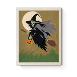Punch Needle Halloween Sorcière Verte : tableau brodé terminé sur son cadre