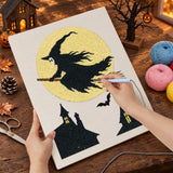 Broderie punch needle en cours sur la toile de la sorcière devant la lune jaune, aiguille en main