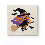 Punch Needle Halloween Sorcière Volante : tableau brodé terminé sur son cadre